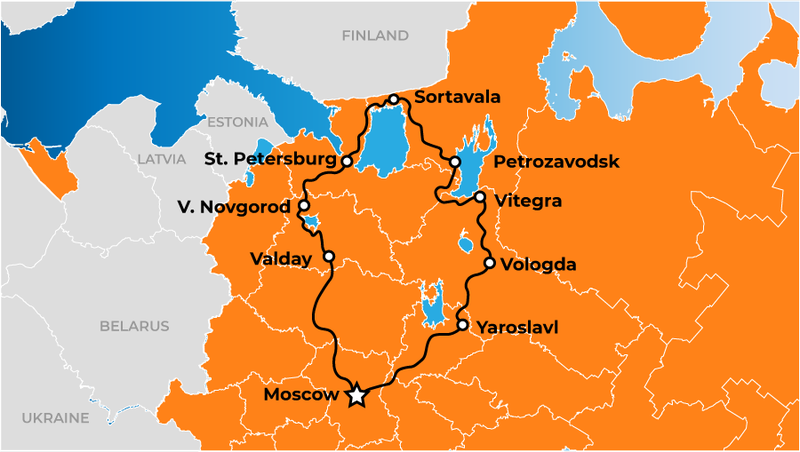 Moscow-Saint-Petersburg-Karelia map